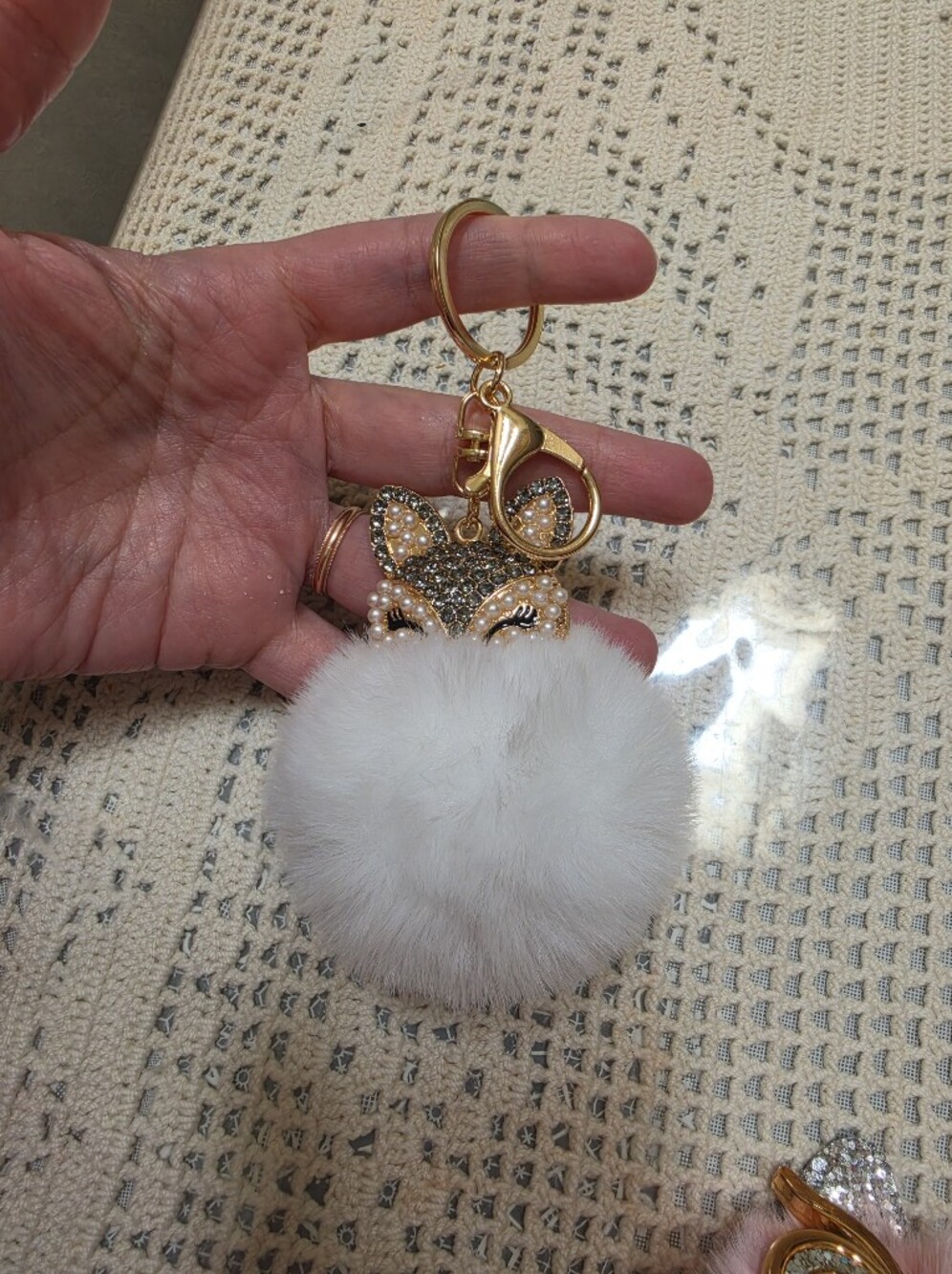 Gold Fox Keychain with White Pom Pom and Pearl Accents